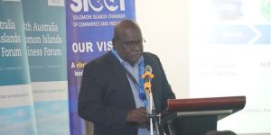 Central Bank of Solomon Islands Deputy Governor Moveni speaking at the 13th Australia-Solomon-Islands Business Forum. Pic Courtesy: The Solomon Star.