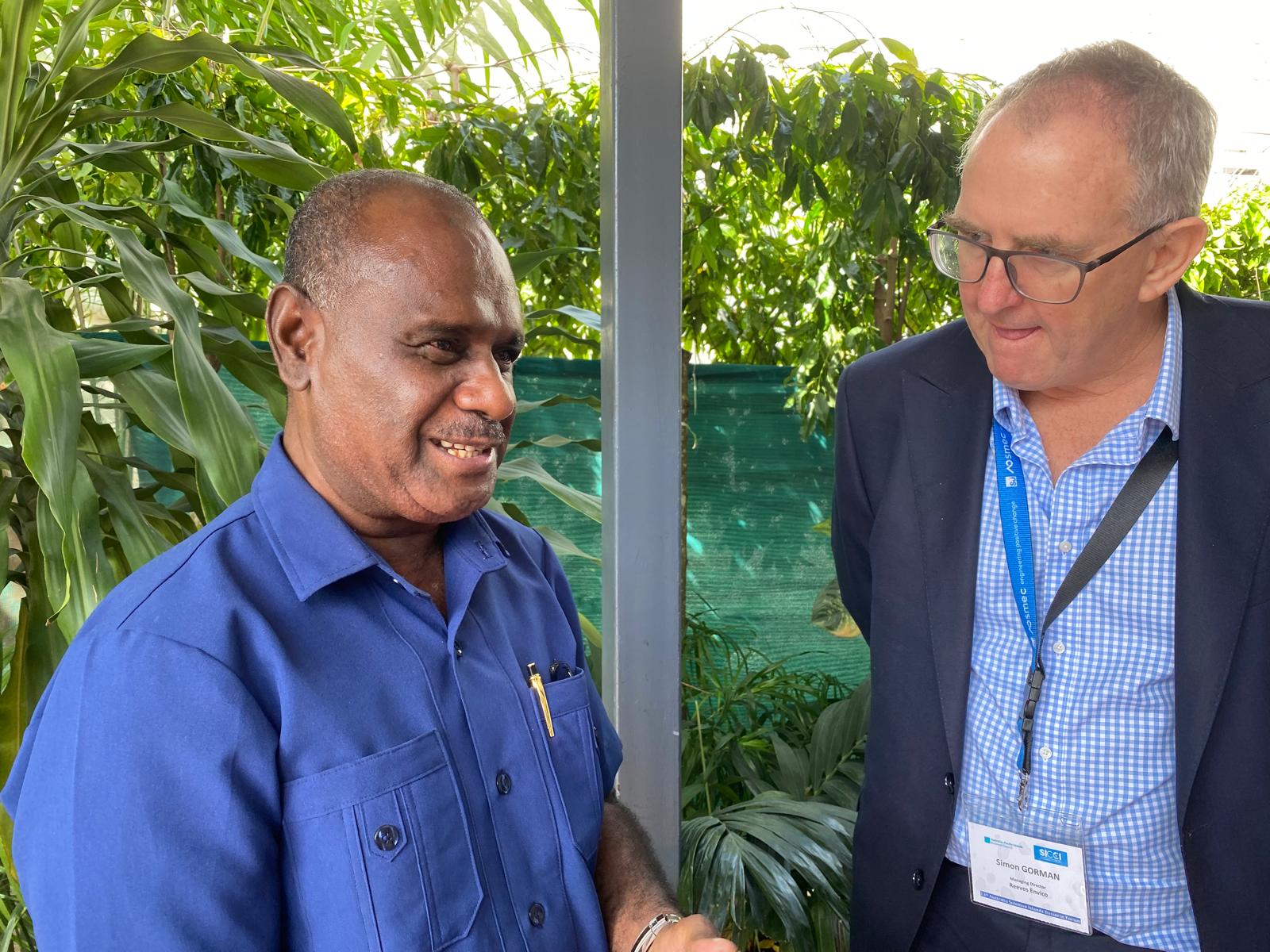 Solomon Islands Prime Minister Jeremiah Manele speaks to APIBC President Simon Gorman at the opening of the 13th ASIBF in Honiara.